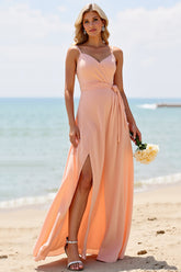Sunset Chiffon A Linie Langes Brautjungfernkleid mit Schlitz